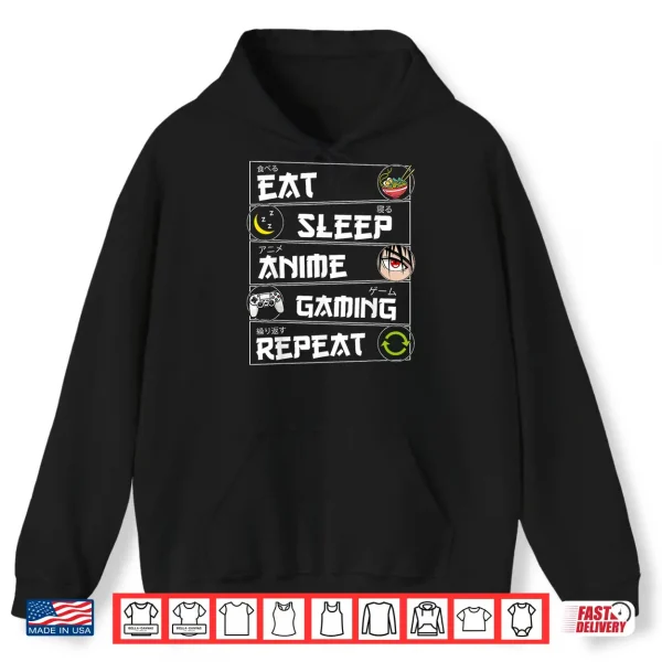 Hoodie Eat Sleep Anime Gaming Repeat Kawaii Otaku Gamer Anime Manga Shirt