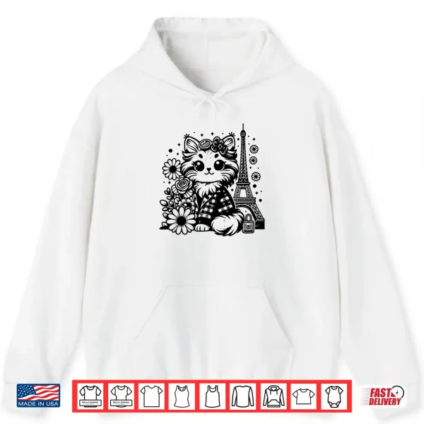 Hoodie French Paris Eiffel Tower Kawaii Mainecoon Cat Flowers Shirt