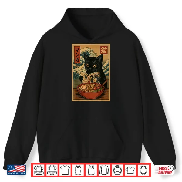 Hoodie Funny Anime Cat Reading Manga Ramen Bowl Retro Japanese Cat Shirt