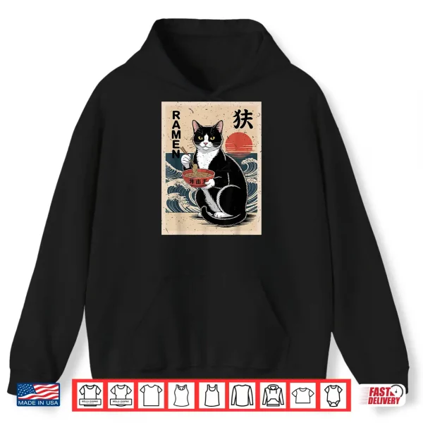 Hoodie Funny Anime Tuxedo Cat Eating Ramen Noodle Mom Dad Toddler Shirt