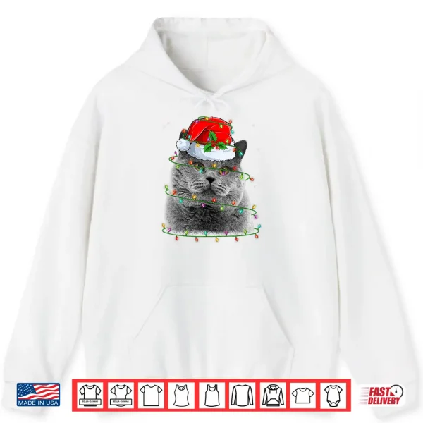 Hoodie Funny British Shorthair Cat Santa Hat Christmas Tree Lights Shirt