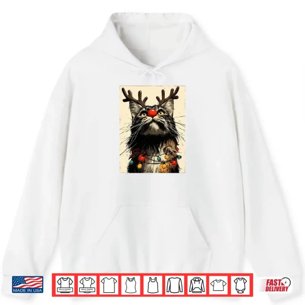 Hoodie Funny Christmas Maine Coon Cat Holiday Lights Festive Animal Shirt