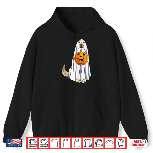 Hoodie Funny Halloween Golden Retriever Dog Ghost and Pumpkin Women Shirt