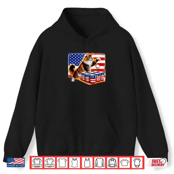 Hoodie Funny USA Flag 4th of July Maine Coon Cat Beer Pong Champion Shirt
