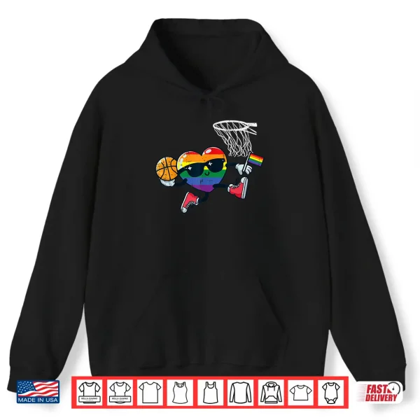 Hoodie Gay Pride Month Basketball Heart LGBTQ Ally Rainbow Men Kids Shirt