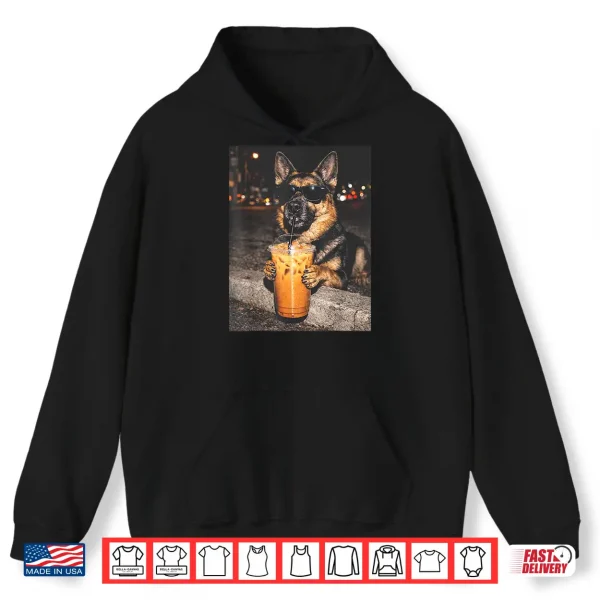 Hoodie German Shepherd Drinking Iced Coffee Funny Dog Shirt