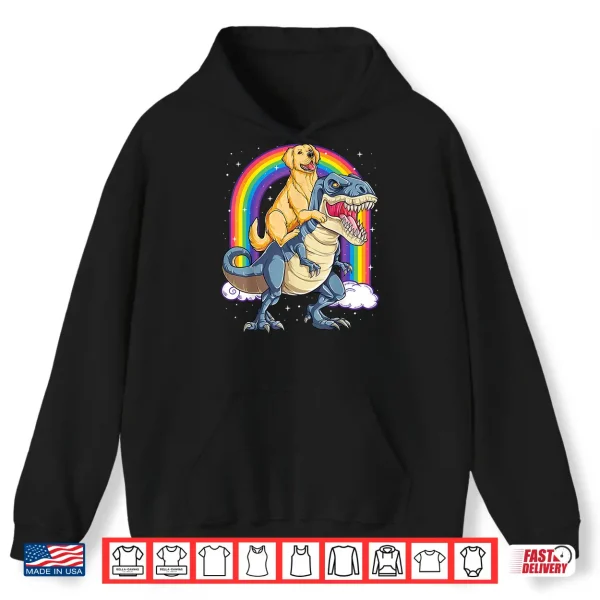 Hoodie Golden Retriever Riding Dinosaur T rex Gifts Boys Rainbow Shirt