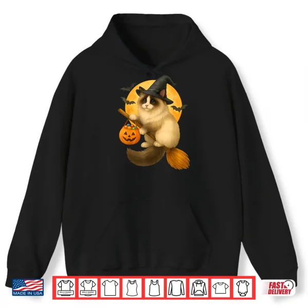 Hoodie Halloween Ragdoll Cat Witch Flying on Broom with Candy Shirt
