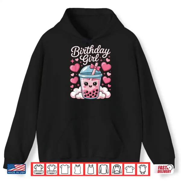 Hoodie Happy Birthday Girl Cute Pink Bow Bubble Boba Tea Anime Shirt
