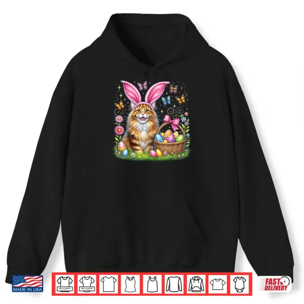 Hoodie Happy Easter Cute Bunny Maine Coon Cat Easter Eggs Basket Shirt