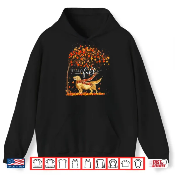 Hoodie Hello Fall Tree Thanksgiving Dog Lover Golden Retriever Shirt