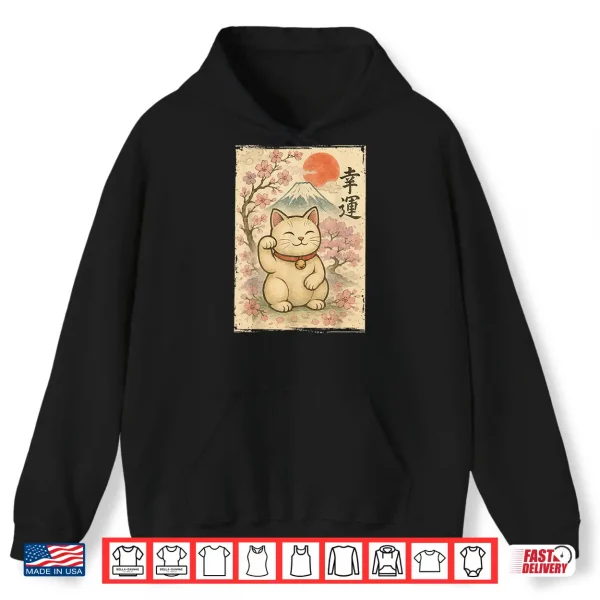 Hoodie Japanese Anime Maneki Neko Waving Cat Good Luck Kanji Lucky Shirt
