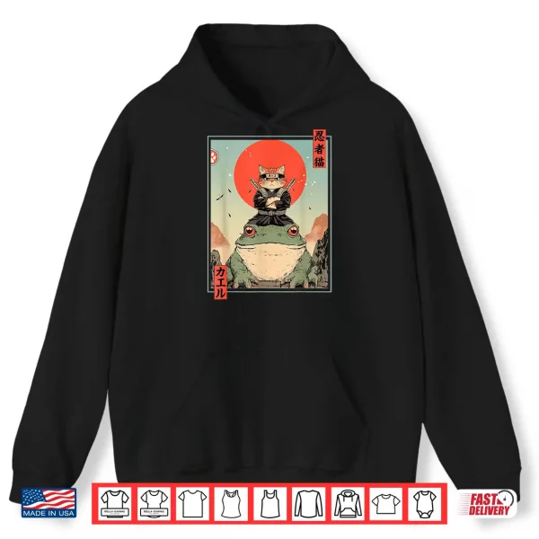 Hoodie Japanese Ninja Cat and Frog Retro Anime Style Graphic Shirt