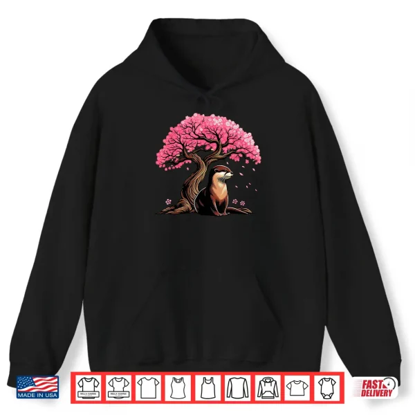 Hoodie Japanese Otter Cherry Blossoms Kawaii Sakura Art Shirt