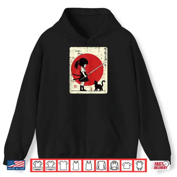 Hoodie Japanese Samurai Girl Black Cat Kawaii Anime Girls Kid Women Shirt