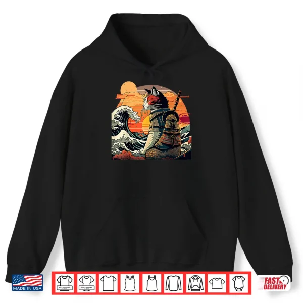 Hoodie Japanese retro samurai cat The Great Wave by Hokusai Shirt