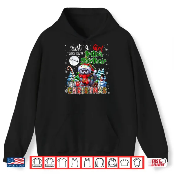 Hoodie Just A Girl Loves British Shorthair And Christmas Santa Cat Shirt