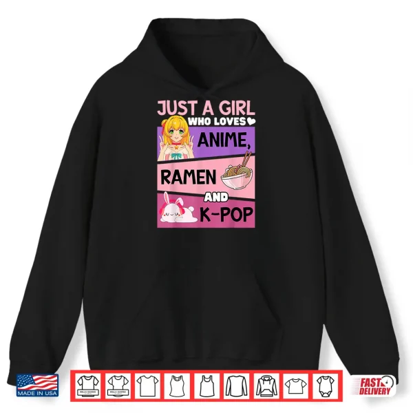 Hoodie Just a Girl Who Loves Anime Ramen and K pop Cute Rabbit Kpop Shirt 2