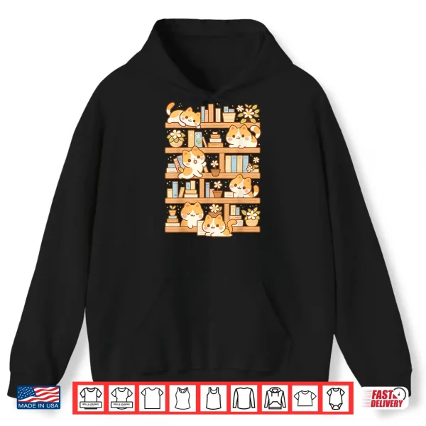 Hoodie Kawaii Bookshelf Cat Readers Bookworms Librarian Books Lover Shirt