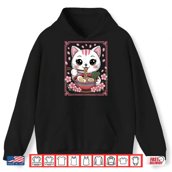 Hoodie Kawaii Cat Eating Ramen Noodles Japanese Anime Girls Teens Shirt