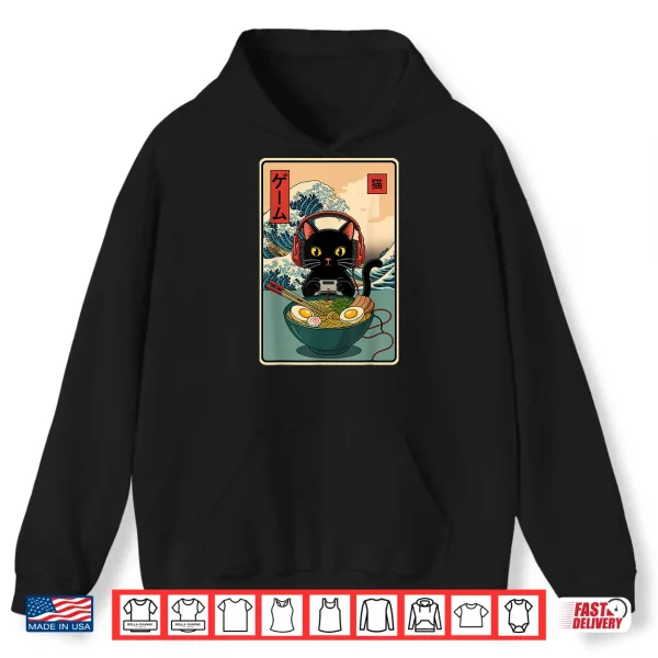 Hoodie Kawaii Gamer Cat Ramen Retro Japanese Funny Cat Gaming Shirt