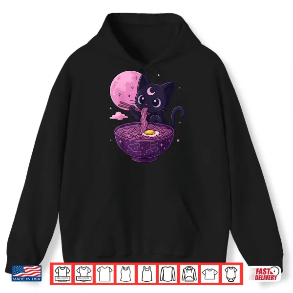 Hoodie Kawaii Pastel Goth Cat Eating Ramen Under Moon Japanese Shirt