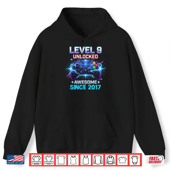 Hoodie Level 9 Unlocked Awesome Since 2017 9th Birthday Boy Gamer Shirt