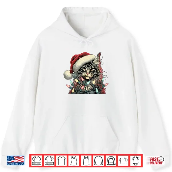 Hoodie Maine Coon Cat Chew Christmas Light Xmas Holiday Funny Cute Shirt