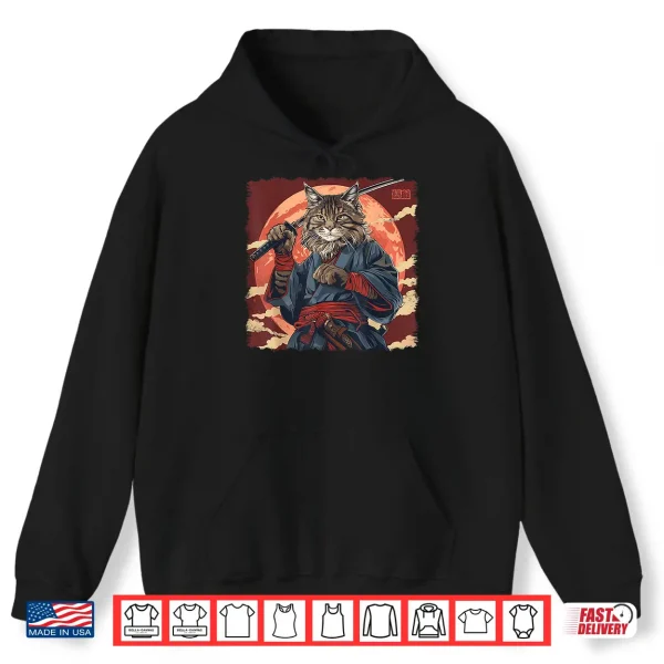 Hoodie Maine Coon Cat Japanese Art Samurai Ukiyo e Shirt