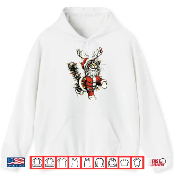 Hoodie Maine Coon Cat Santa Hat Christmas Tree Light Pajamas Mom Shirt