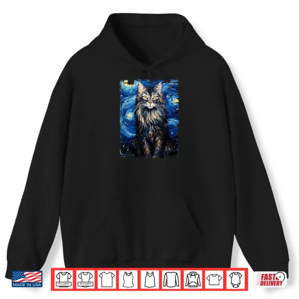 Hoodie Maine Coon Cat Starry Night Painting Mom Dad Shirt