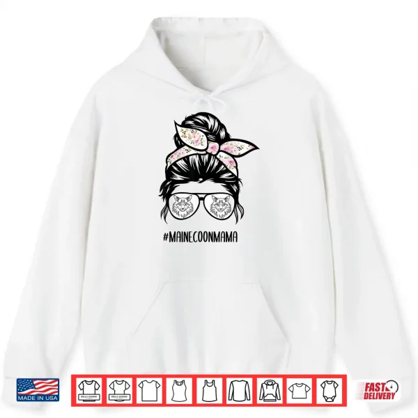 Hoodie Maine Coon Cat mom messy bun hair glasses Shirt