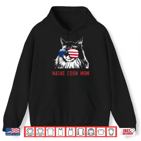Hoodie Maine Coon Mom Cat Kitten USA American Flag Shirt