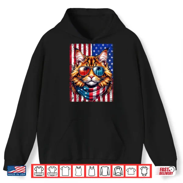 Hoodie Maine Coon Wearing USA Flag Cat Lover Patriotic 4th of July Shirt