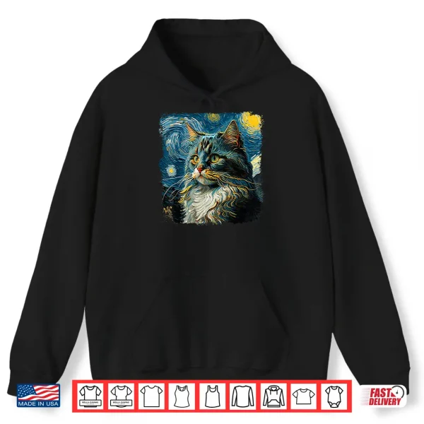 Hoodie Maine coon Cat Art Van Gogh Inspired Starry Night Cat Design Shirt