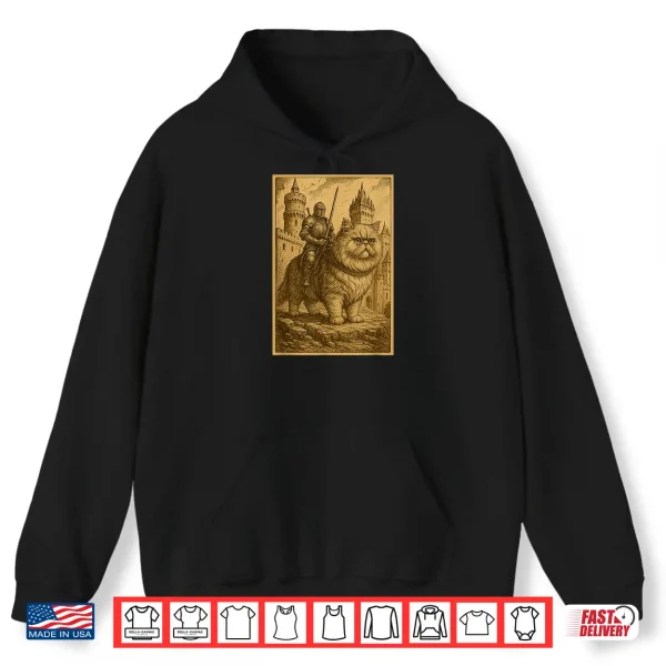 Hoodie Medieval Knight Riding a Persian Cat Rider Surreal Feline Shirt