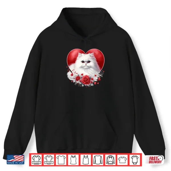 Hoodie My Cat Is My Valentine Cute White Persian Cat in a Heart Shirt