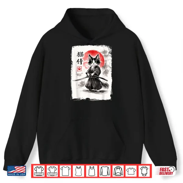 Hoodie Neko Samurai Under Full Moon Japanese Warrior Anime Shirt