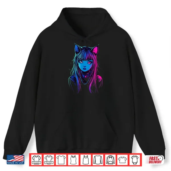 Hoodie Neon Anime Cat Girl Furry Style Art for Teens Kawaii Cosplay Shirt