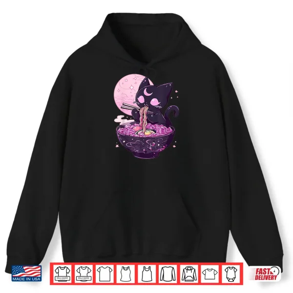 Hoodie Pastel Goth Aesthetic Kawaii Creepy Cat Eating Ramen Noodles Shirt