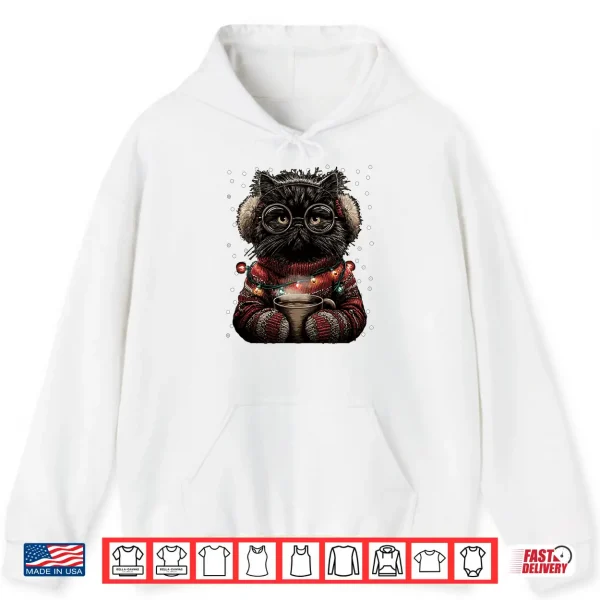 Hoodie Persian Cat in Glasses Christmas Lights Coffee Winter Kitten Shirt