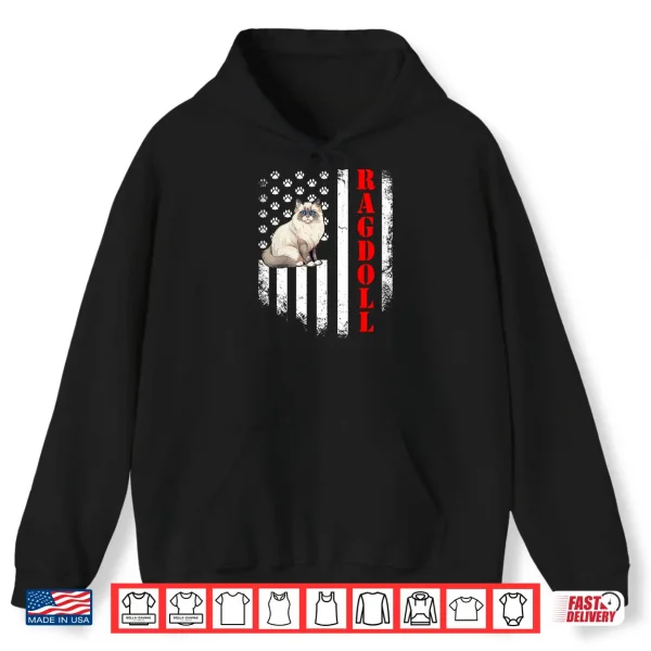 Hoodie Ragdoll Cat American Flag Paw Print Patriotic Graphic Tee Shirt