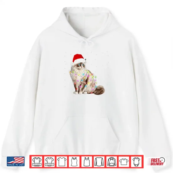 Hoodie Ragdoll Cat Wrapped in Christmas Lights and Santa Hat Shirt