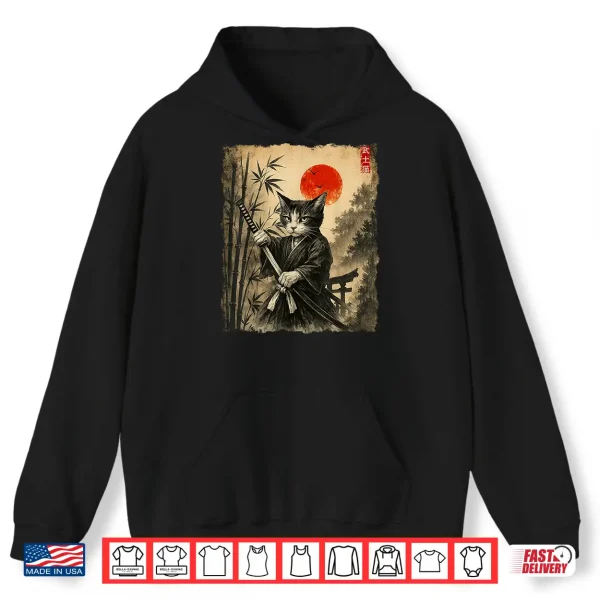 Hoodie Samurai Cat Japanese Art Men Boys Funny Graphic Tee Anime Shirt