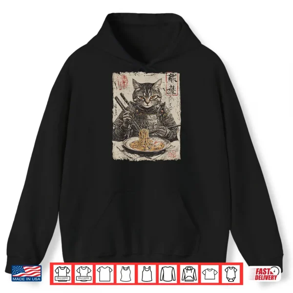 Hoodie Samurai Cat Loves Ramen Funny Anime Japanese Artwork Samurai Shirt