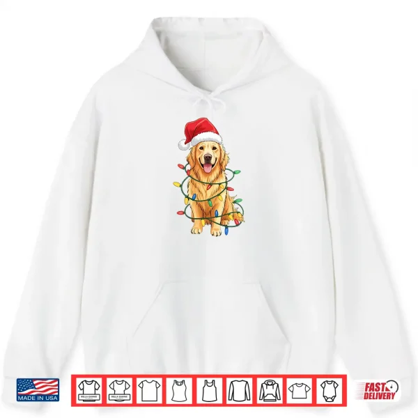 Hoodie Santa Hat Golden Retriever Christmas Tree Light Xmas Pajama Shirt