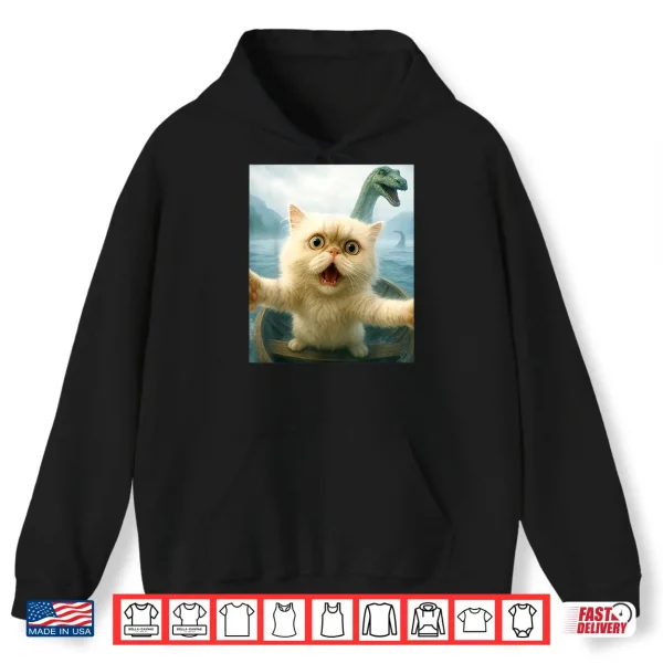 Hoodie Scared Selfie Persian Cat Chased By Loch Ness Monster Nessie Shirt