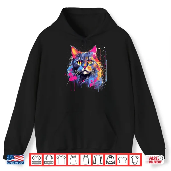 Hoodie Splash Art Maine Coon Cat Face Colorful Shirt
