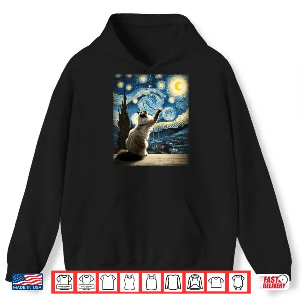 Hoodie Van Gogh Starry Night Moon Artistic Pet Lover Ragdoll Cat Shirt