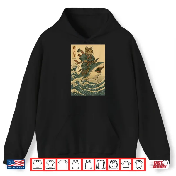 Hoodie Vintage Anime Cat Japanese Funny Samurai Cat Riding Shark Shirt